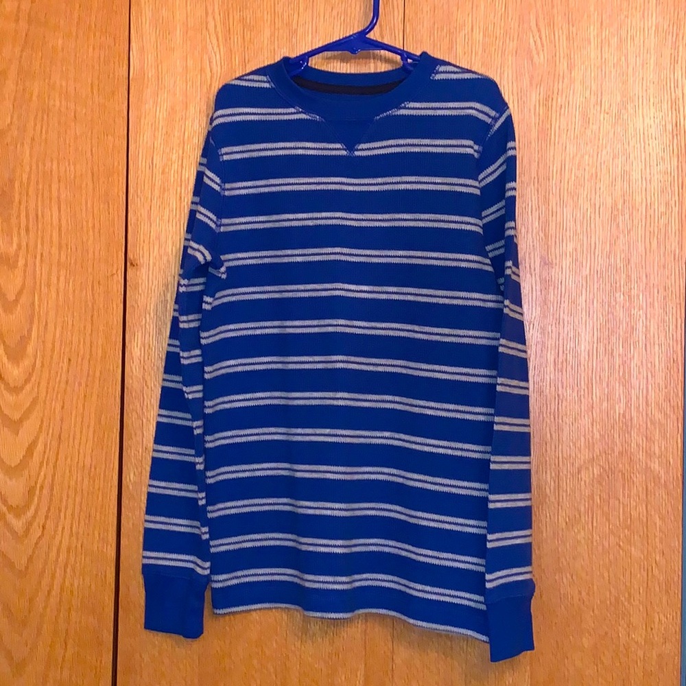 New Lands’ End kids size 10 - 12 MEDIUM thermal pullover shirt blue gray stripe